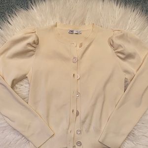 Zara Cream Puff-Sleeve Button Cardigan